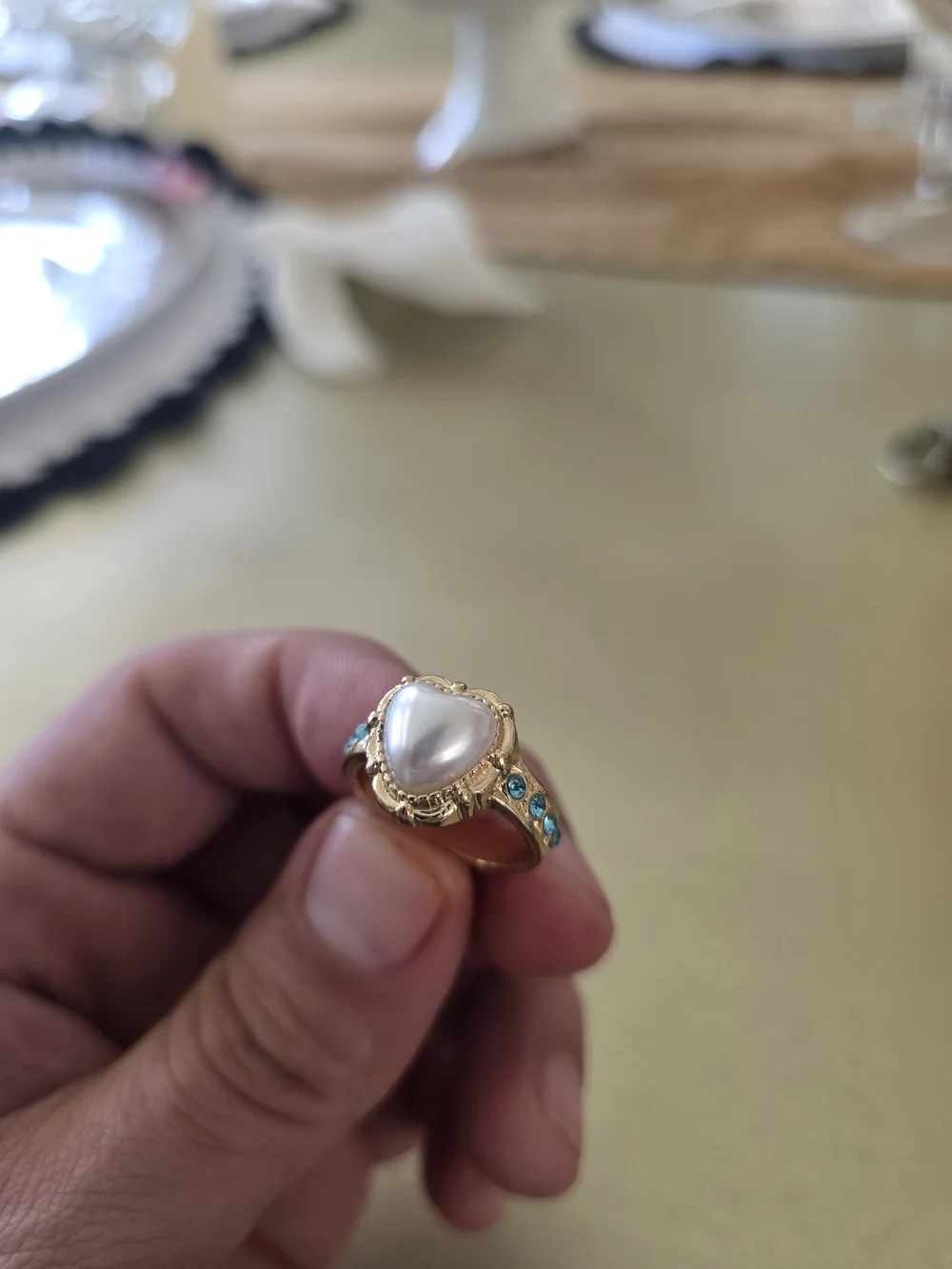 Gold White Pearl Teardrop Ring with Blue Accent  Stones